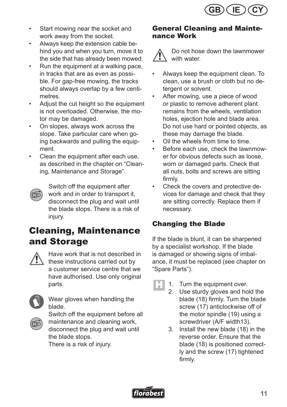 Cleaning, maintenance and storage, Cy ie gb | Florabest FRM 1200 A2 User Manual | Page 11 / 30