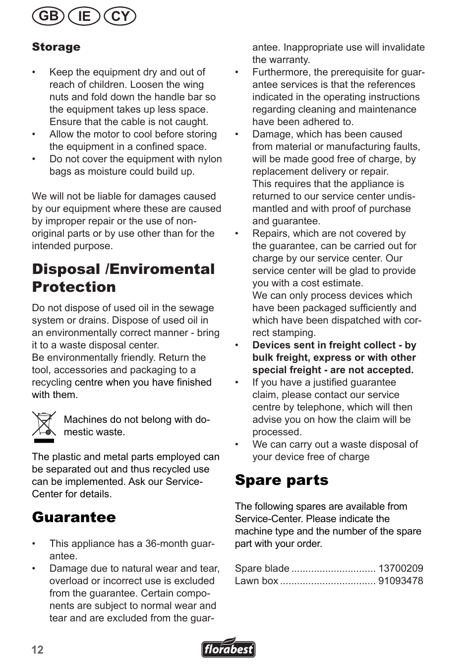 Disposal /enviromental protection, Guarantee, Spare parts | Ie gb cy | Florabest FRM 1200 A2 User Manual | Page 12 / 30