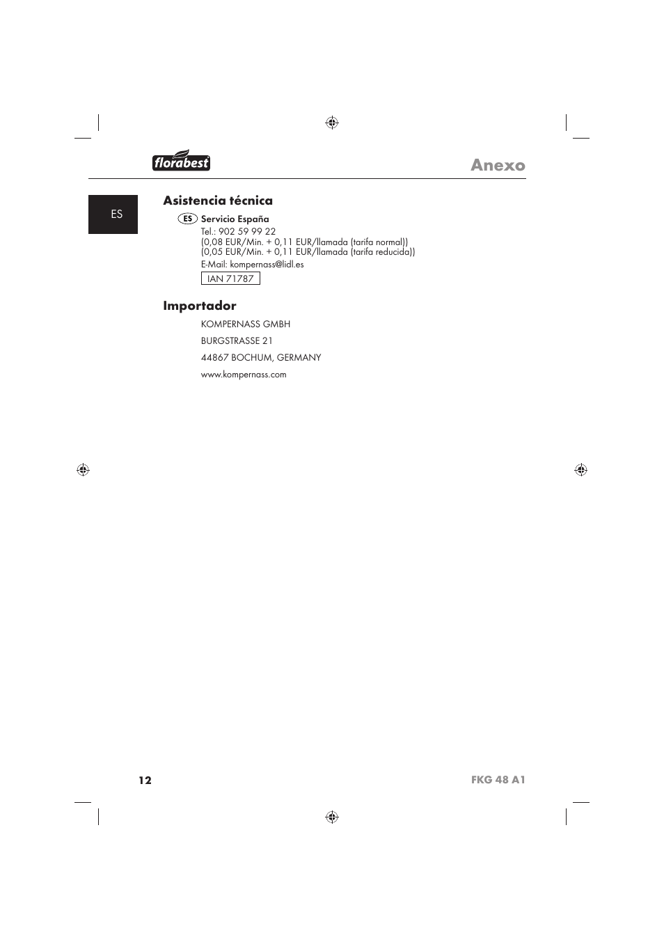 Anexo, Asistencia técnica, Importador | Florabest FKG 48 A1 User Manual | Page 14 / 62