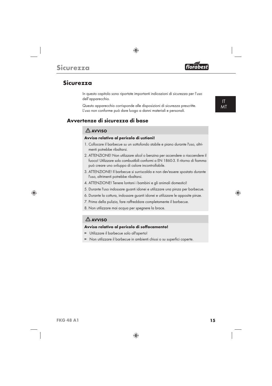 Sicurezza, Avvertenze di sicurezza di base, It mt | Florabest FKG 48 A1 User Manual | Page 17 / 62