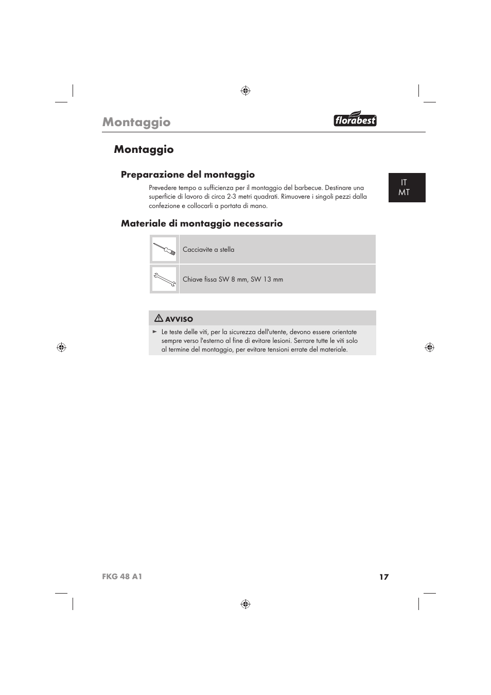 Montaggio, Preparazione del montaggio, Materiale di montaggio necessario | It mt | Florabest FKG 48 A1 User Manual | Page 19 / 62