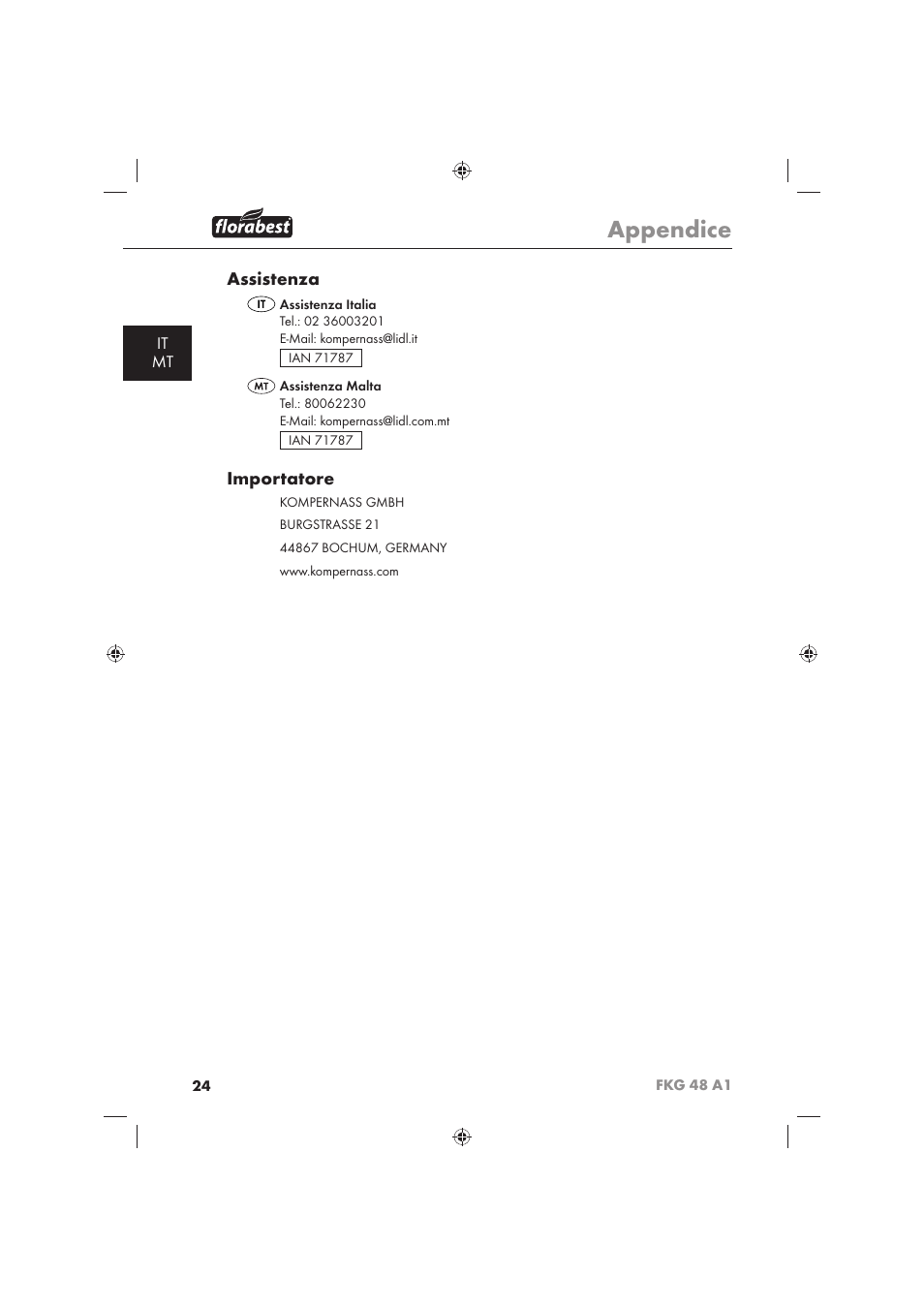 Appendice, Assistenza, Importatore | It mt | Florabest FKG 48 A1 User Manual | Page 26 / 62