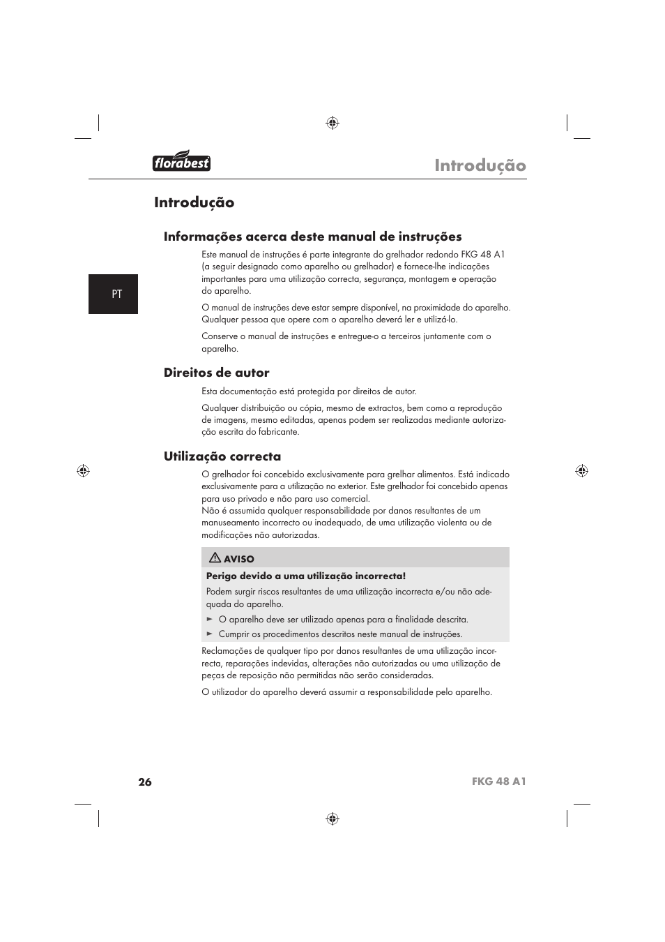 Introdução, Informações acerca deste manual de instruções, Direitos de autor | Utilização correcta | Florabest FKG 48 A1 User Manual | Page 28 / 62