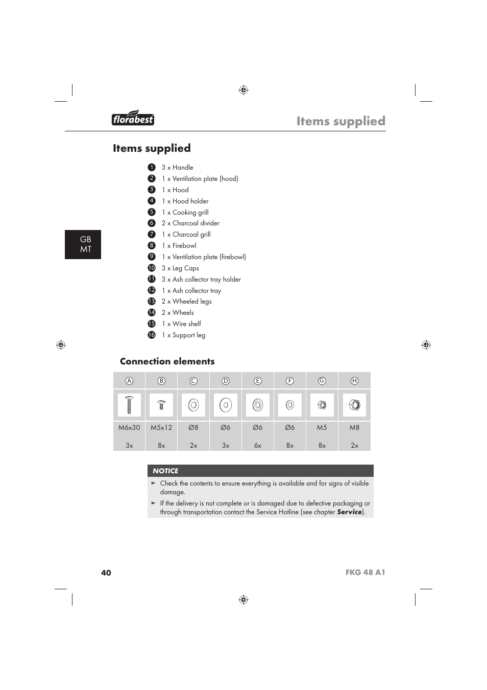 Items supplied, Connection elements, Gb mt | Florabest FKG 48 A1 User Manual | Page 42 / 62