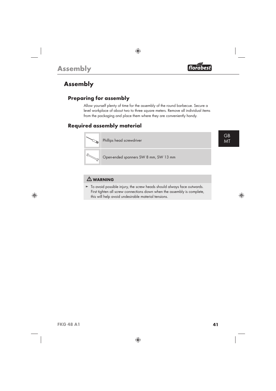 Assembly, Preparing for assembly, Required assembly material | Gb mt | Florabest FKG 48 A1 User Manual | Page 43 / 62