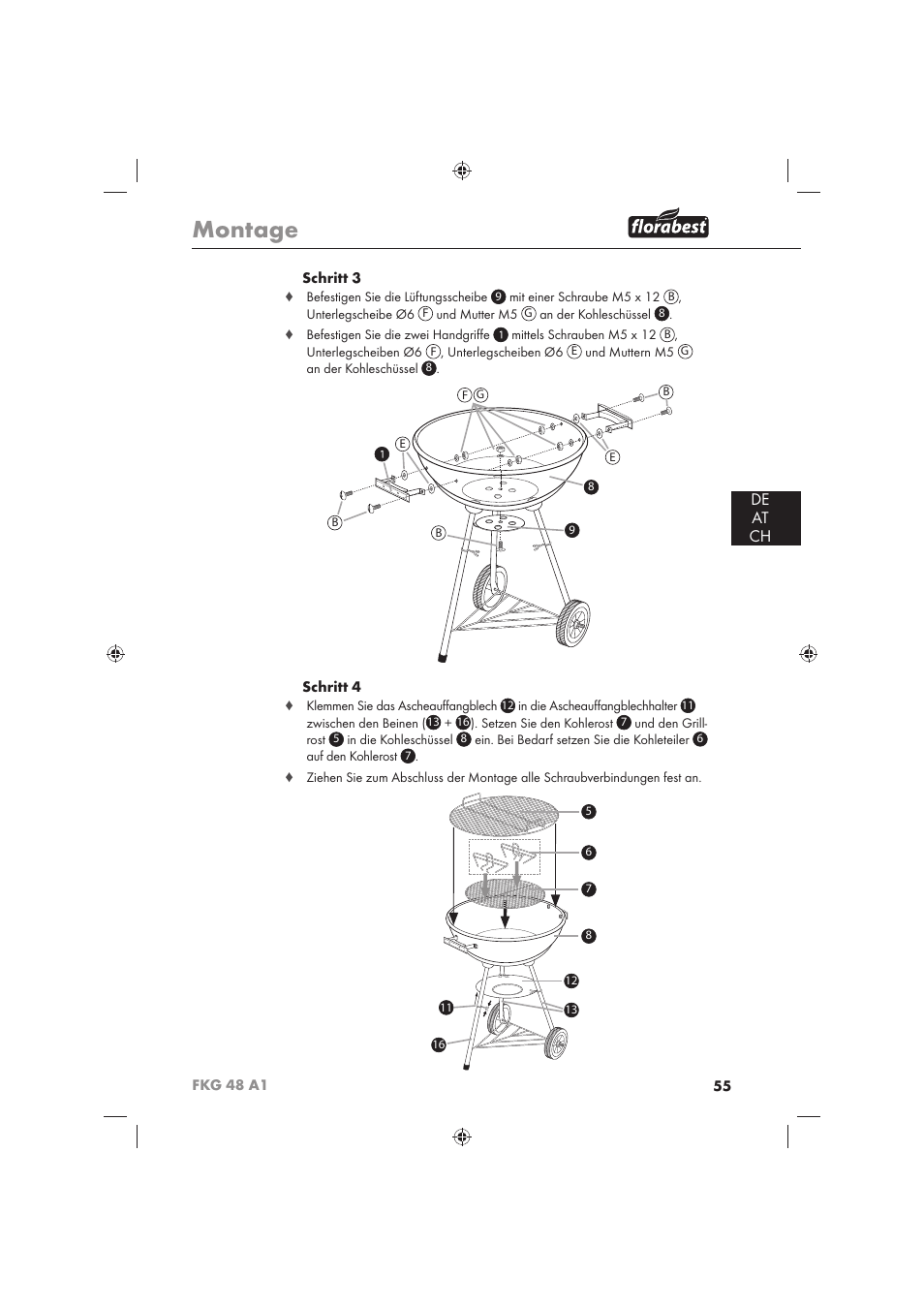Montage, De at ch | Florabest FKG 48 A1 User Manual | Page 57 / 62