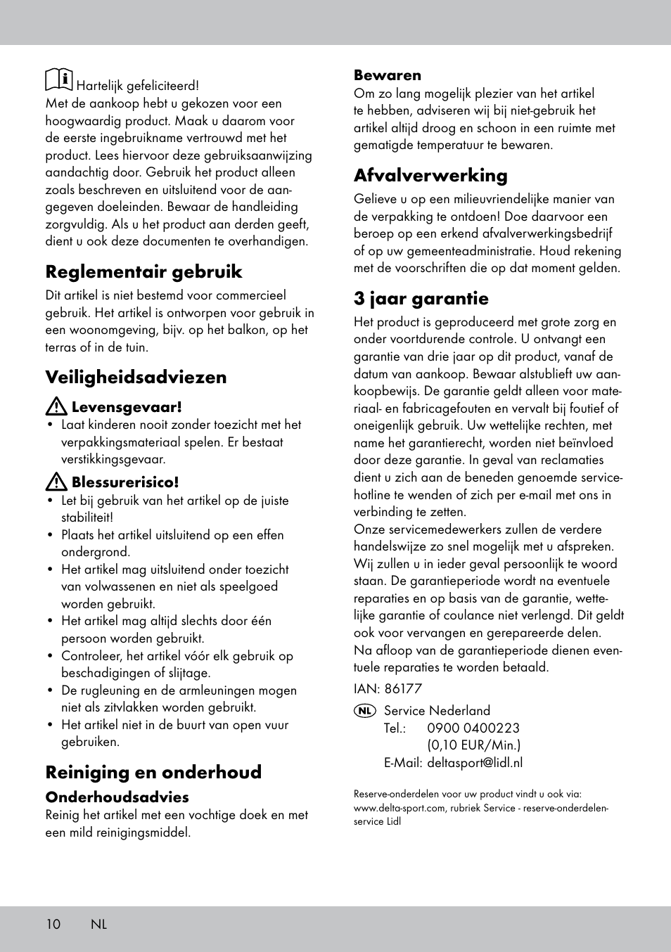 Reglementair gebruik, Veiligheidsadviezen, Reiniging en onderhoud | Afvalverwerking, 3 jaar garantie | Florabest GS-1599 User Manual | Page 10 / 12