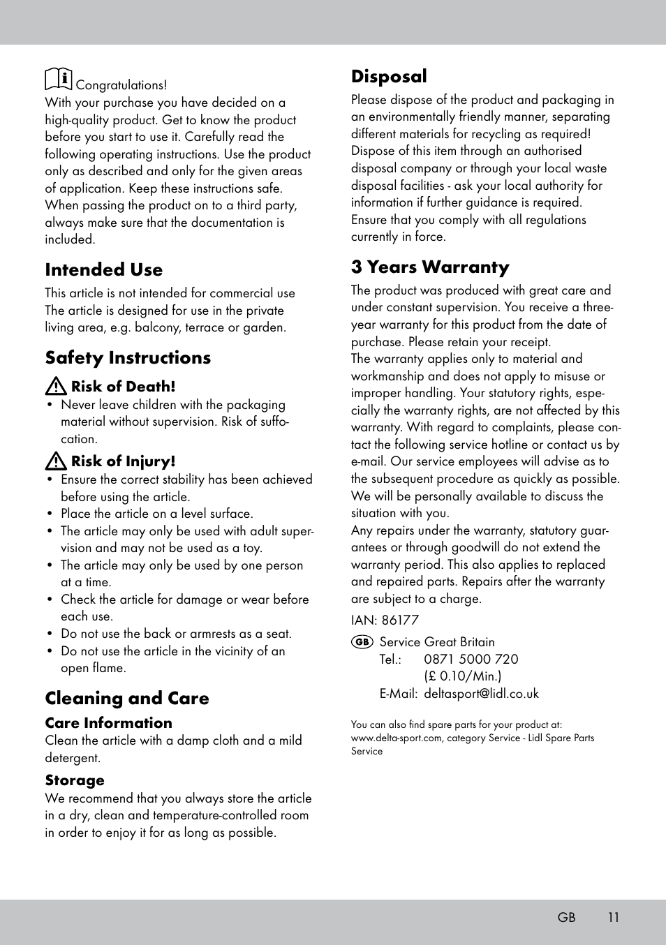 Intended use, Safety instructions, Cleaning and care | Disposal, 3 years warranty | Florabest GS-1599 User Manual | Page 11 / 12