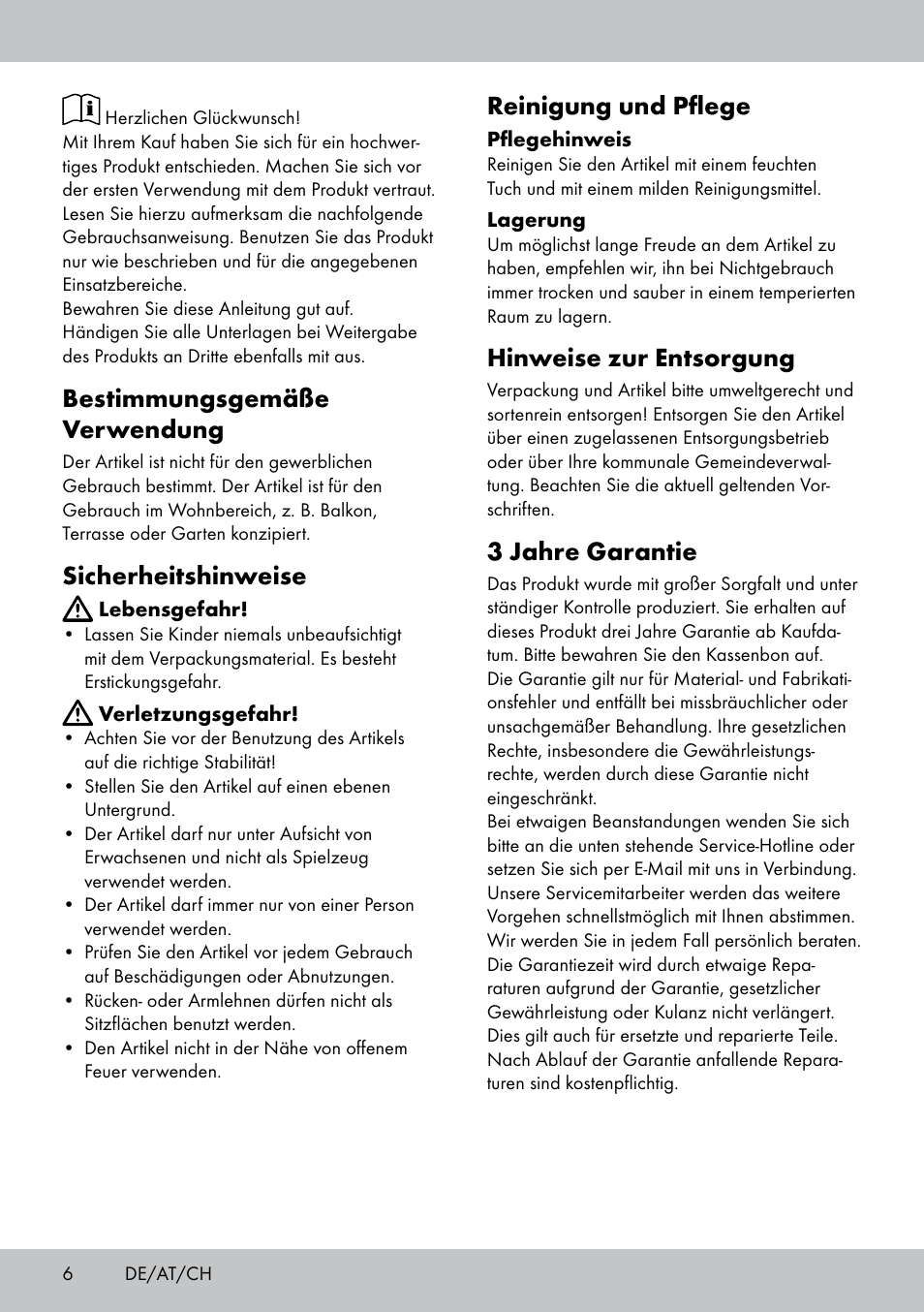 Bestimmungsgemäße verwendung, Sicherheitshinweise, Reinigung und pflege | Hinweise zur entsorgung, 3 jahre garantie | Florabest GS-1599 User Manual | Page 6 / 12
