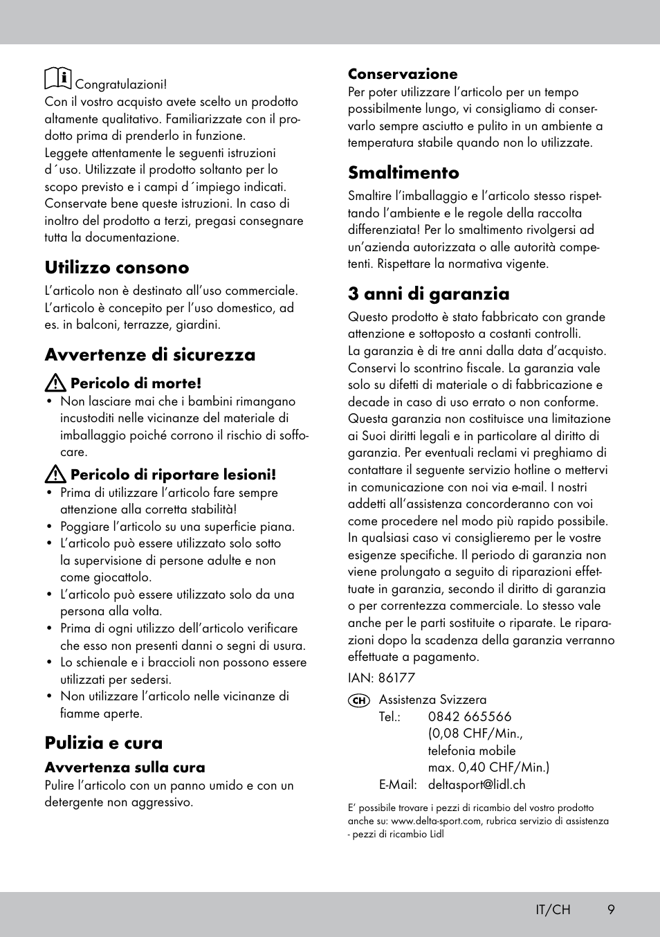 Utilizzo consono, Avvertenze di sicurezza, Pulizia e cura | Smaltimento, 3 anni di garanzia | Florabest GS-1599 User Manual | Page 9 / 12