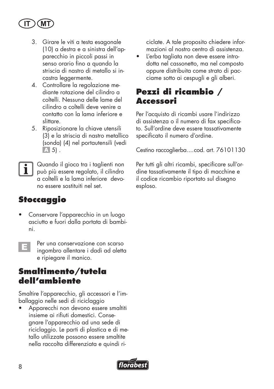Stoccaggio, Smaltimento/tutela dell’ambiente, Pezzi di ricambio / accessori | It mt | Florabest FHM 38 A1 User Manual | Page 8 / 26