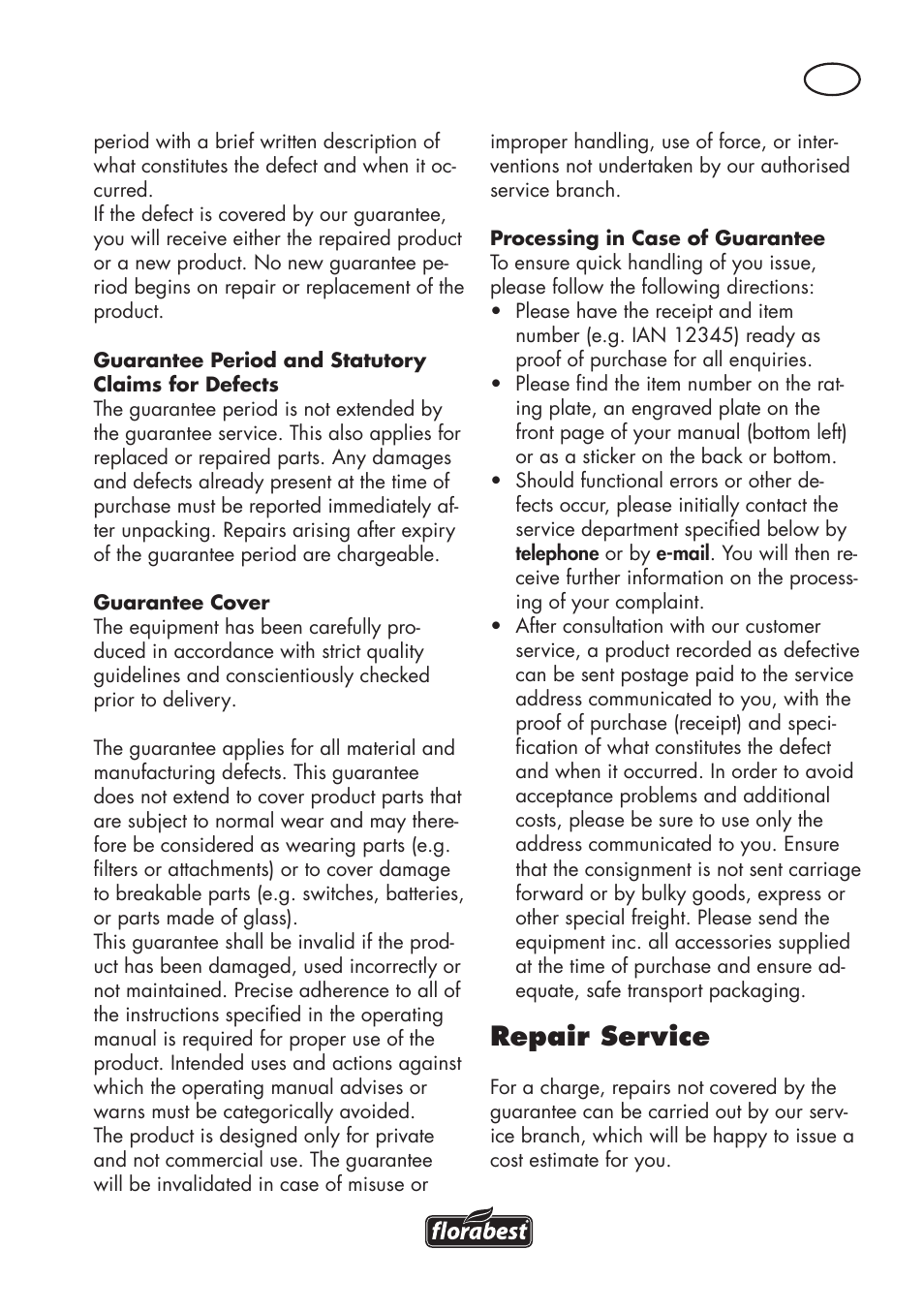 Repair service | Florabest FHV 32 A1 User Manual | Page 17 / 22