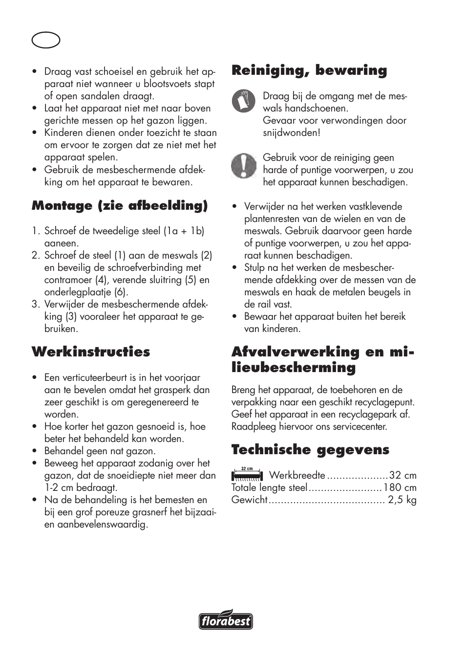 Werkinstructies, Reiniging, bewaring, Afvalverwerking en mi- lieubescherming | Technische gegevens, Montage (zie afbeelding) | Florabest FHV 32 A1 User Manual | Page 8 / 22