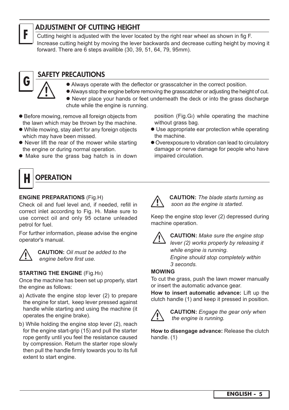 Adjustment of cutting height, Operation, Safety precautions | Florabest FBM 575 A1 User Manual | Page 7 / 48