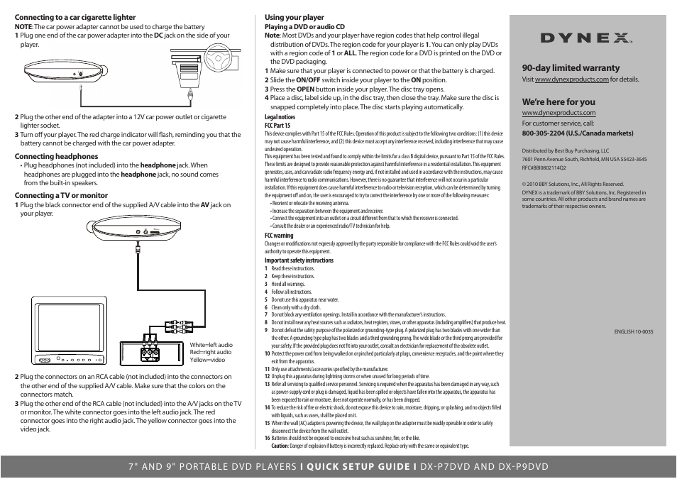 Day limited warranty, We’re here for you | Dynex DX-P9DVD User Manual | Page 2 / 2