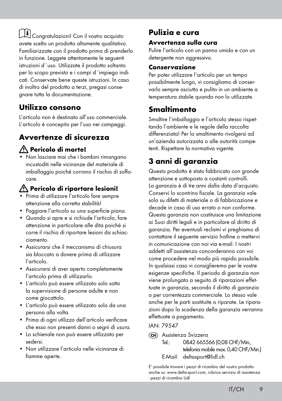Utilizzo consono, Avvertenze di sicurezza, Pulizia e cura | Smaltimento, 3 anni di garanzia | Florabest DL-1584 User Manual | Page 9 / 12