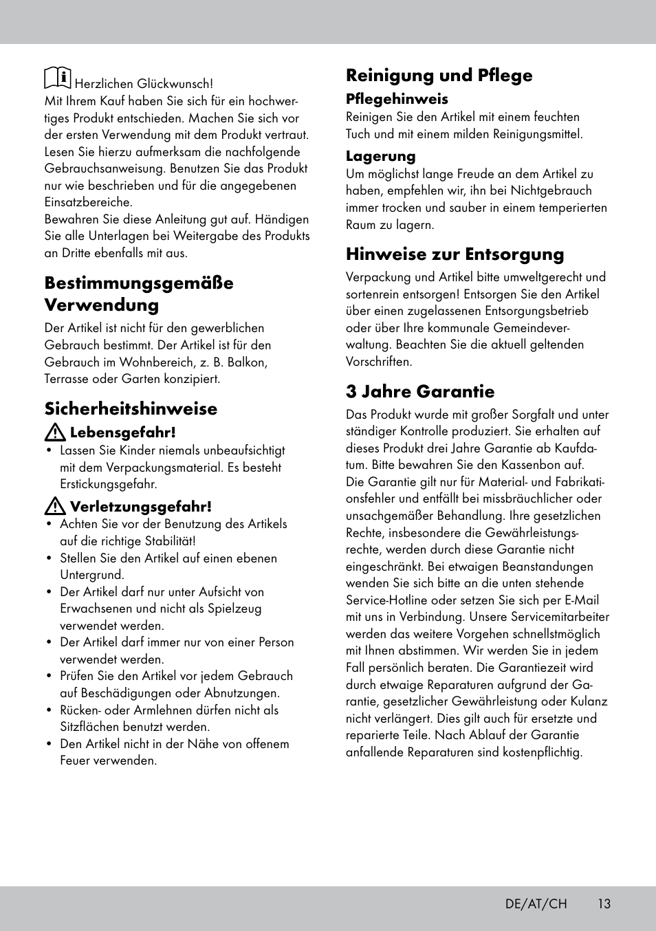 Bestimmungsgemäße verwendung, Sicherheitshinweise, Reinigung und pflege | Hinweise zur entsorgung, 3 jahre garantie | Florabest ST-1582 User Manual | Page 13 / 16