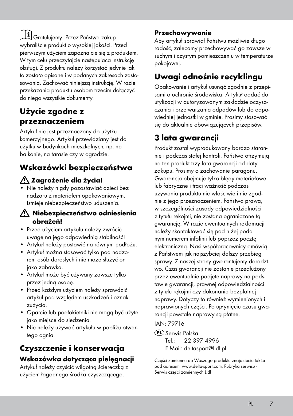 Użycie zgodne z przeznaczeniem, Wskazówki bezpieczeństwa, Czyszczenie i konserwacja | Uwagi odnośnie recyklingu, 3 lata gwarancji | Florabest ST-1582 User Manual | Page 7 / 16