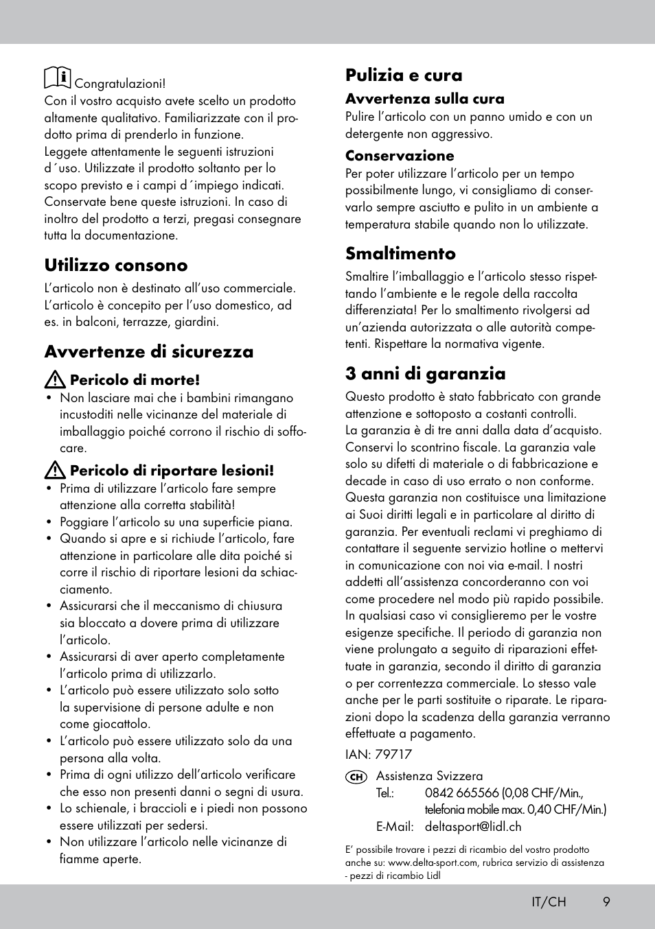 Utilizzo consono, Avvertenze di sicurezza, Pulizia e cura | Smaltimento, 3 anni di garanzia | Florabest RS-1581 User Manual | Page 9 / 12