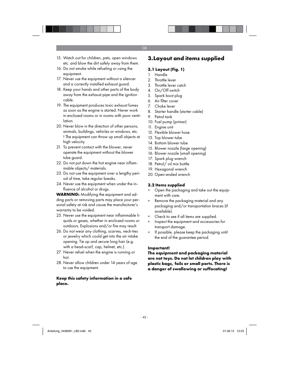 Layout and items supplied | Florabest FBLB 33 A1 User Manual | Page 42 / 54