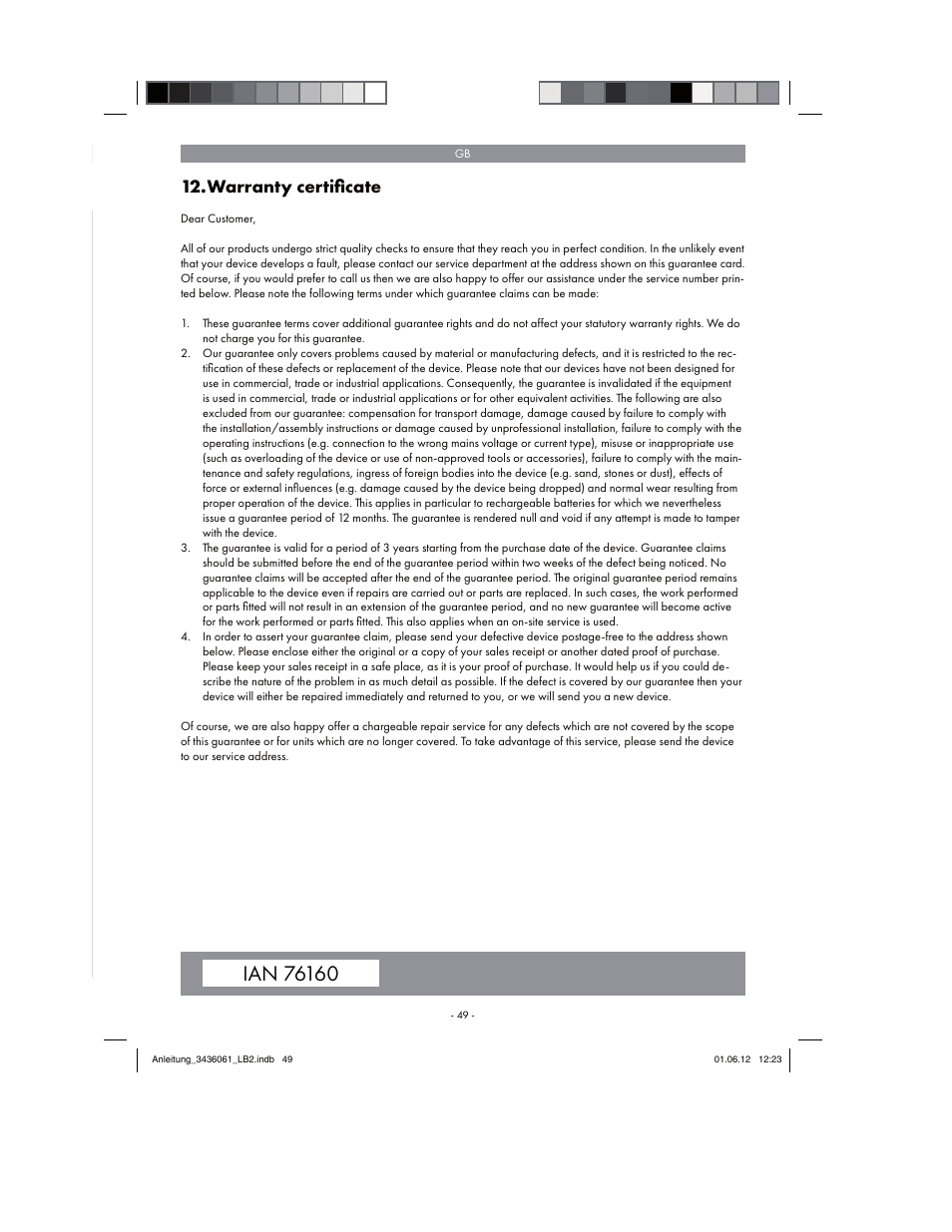 Warranty certiﬁ cate | Florabest FBLB 33 A1 User Manual | Page 49 / 54