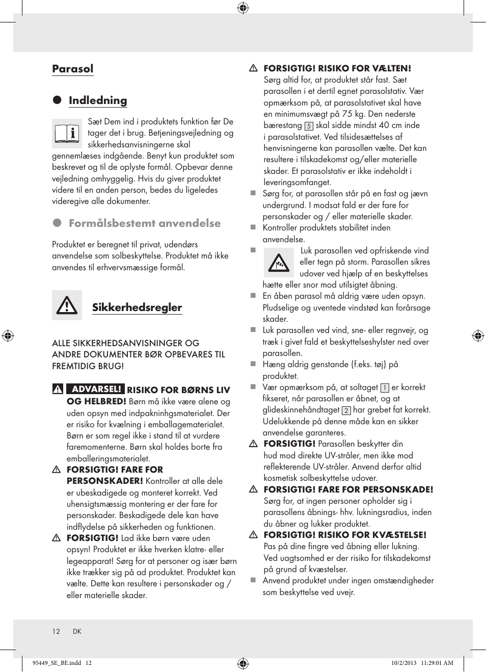 Parasol  indledning, Formålsbestemt anvendelse, Sikkerhedsregler | Florabest Z31806A/ Z31806B/ Z31806C User Manual | Page 12 / 27