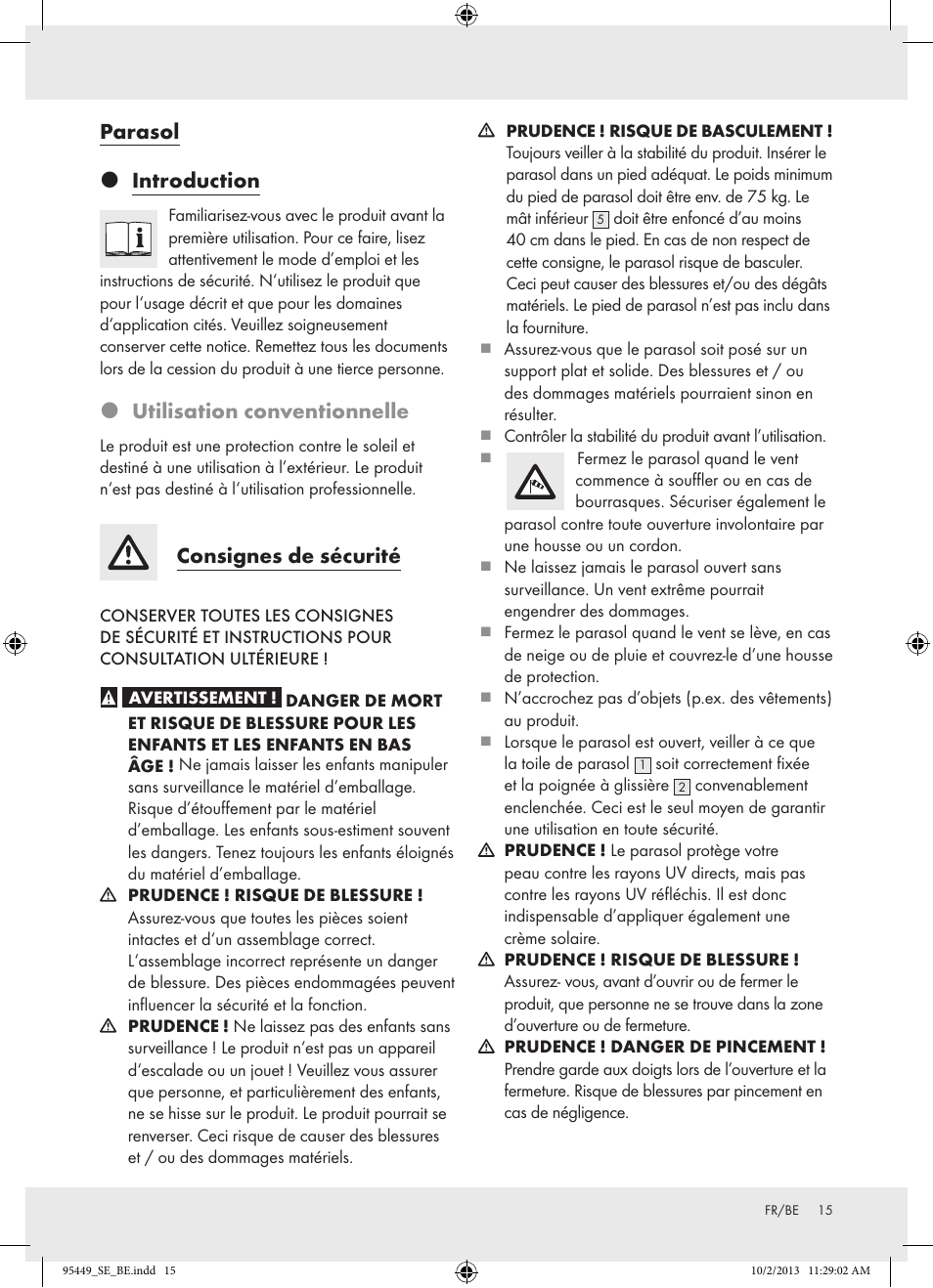 Parasol  introduction, Utilisation conventionnelle, Consignes de sécurité | Florabest Z31806A/ Z31806B/ Z31806C User Manual | Page 15 / 27