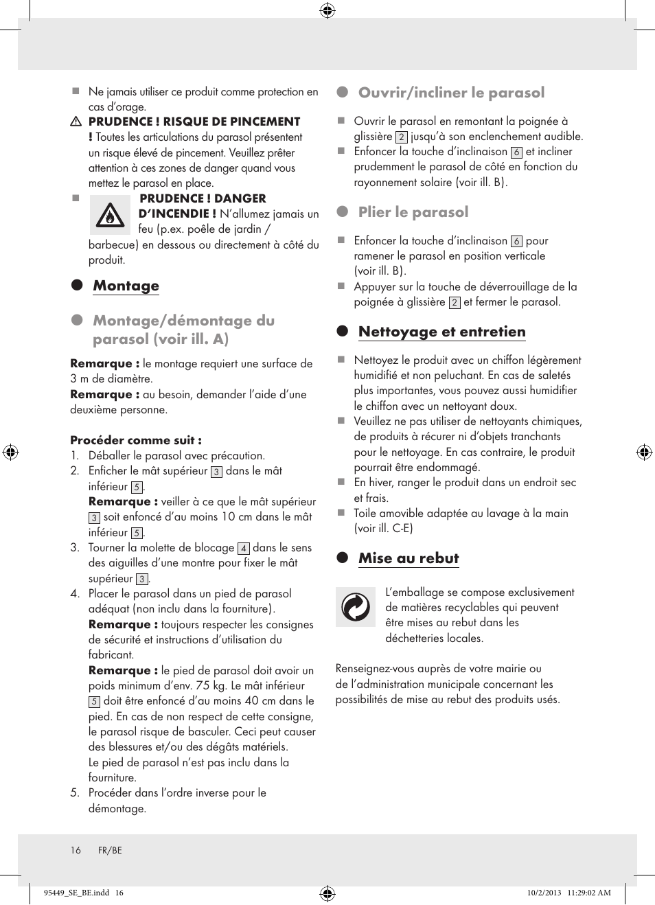 Ouvrir/incliner le parasol, Plier le parasol, Nettoyage et entretien | Mise au rebut | Florabest Z31806A/ Z31806B/ Z31806C User Manual | Page 16 / 27