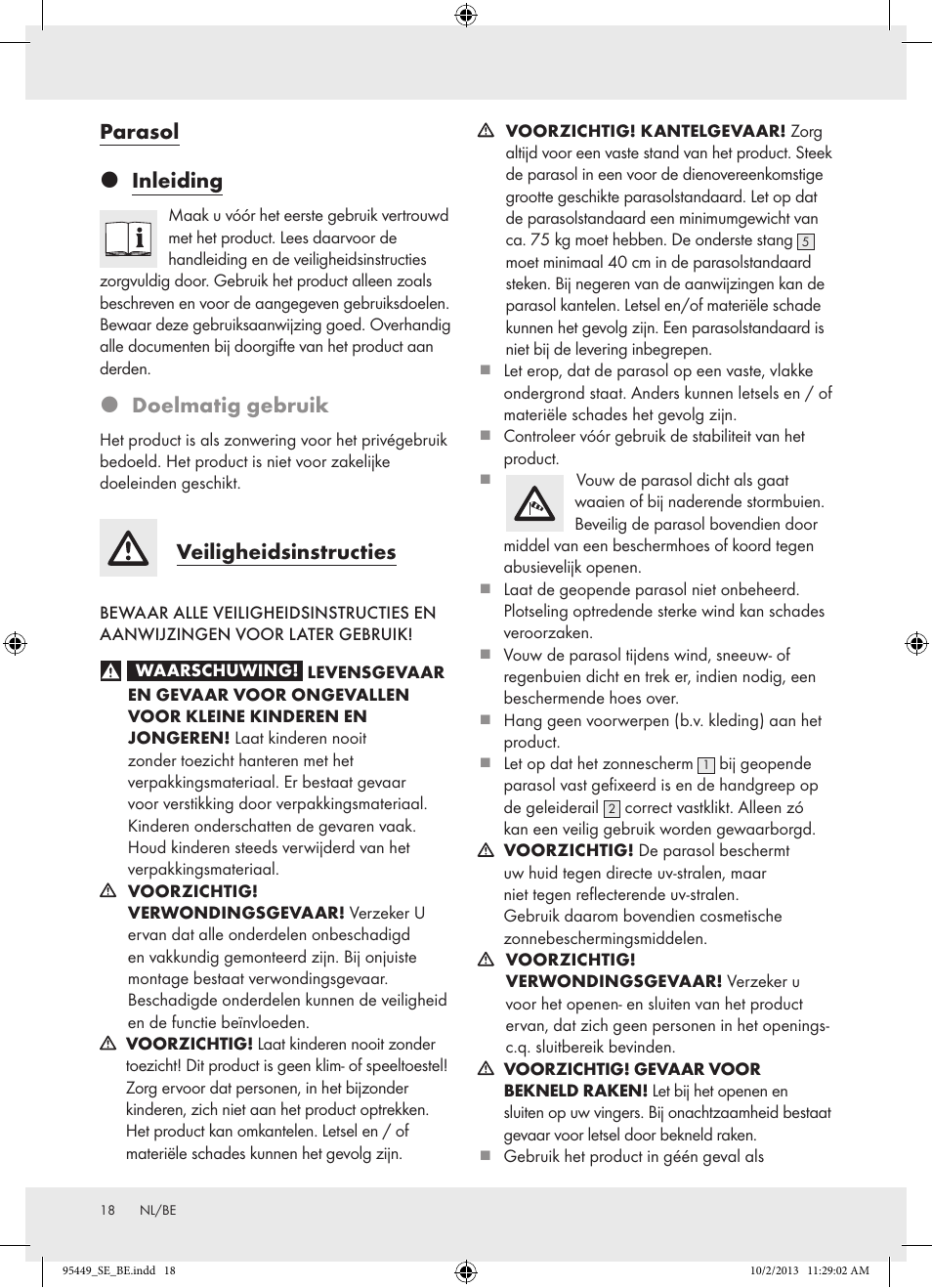 Parasol  inleiding, Doelmatig gebruik, Veiligheidsinstructies | Florabest Z31806A/ Z31806B/ Z31806C User Manual | Page 18 / 27