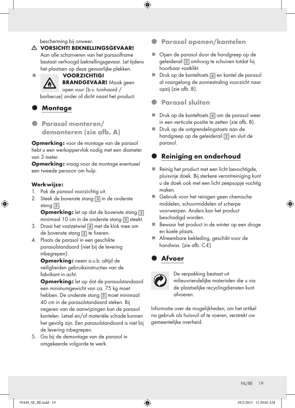 Parasol openen/kantelen, Parasol sluiten, Reiniging en onderhoud | Afvoer | Florabest Z31806A/ Z31806B/ Z31806C User Manual | Page 19 / 27