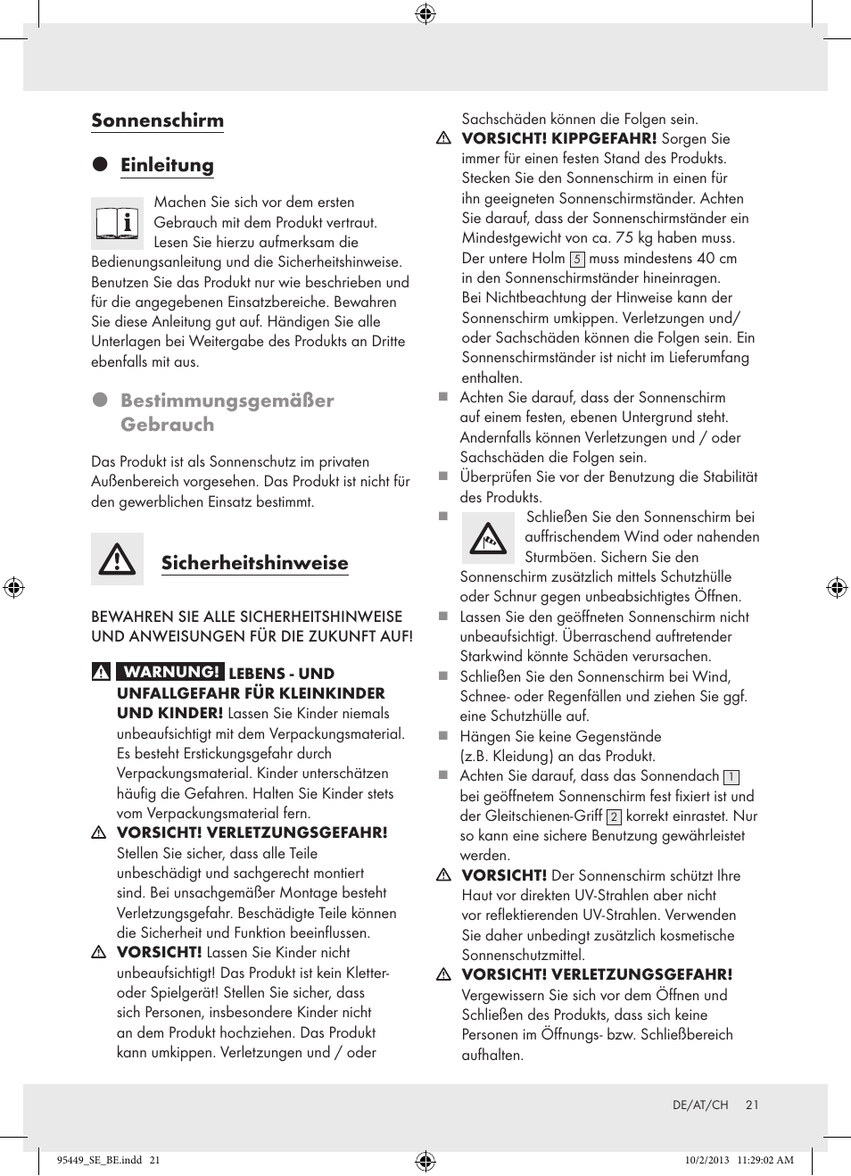 Sonnenschirm  einleitung, Bestimmungsgemäßer gebrauch, Sicherheitshinweise | Florabest Z31806A/ Z31806B/ Z31806C User Manual | Page 21 / 27