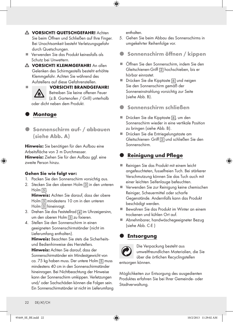 Sonnenschirm öffnen / kippen, Sonnenschirm schließen, Reinigung und pflege | Entsorgung | Florabest Z31806A/ Z31806B/ Z31806C User Manual | Page 22 / 27