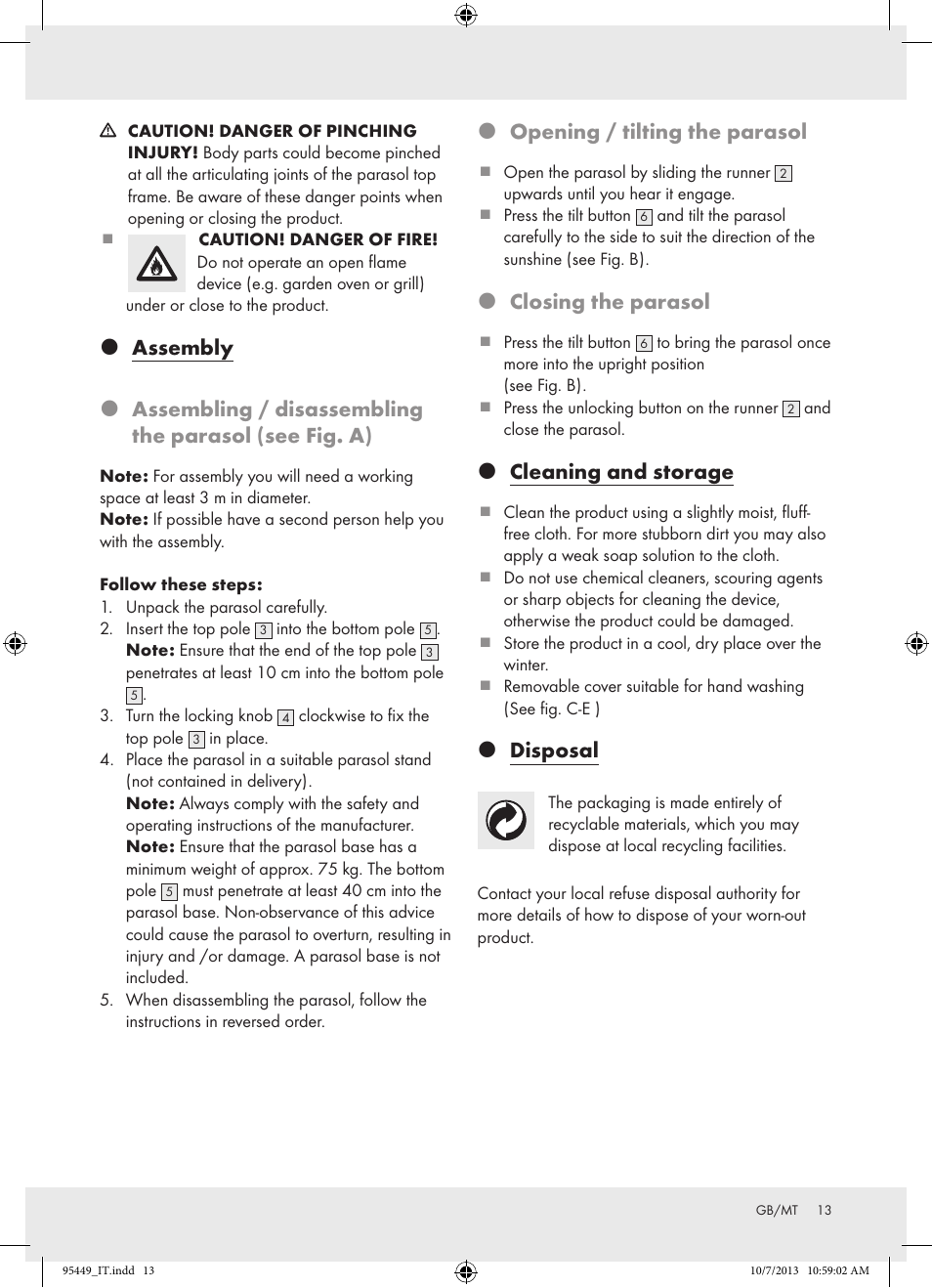 Opening / tilting the parasol, Closing the parasol, Cleaning and storage | Disposal | Florabest Z31806A/ Z31806B/ Z31806C User Manual | Page 13 / 21