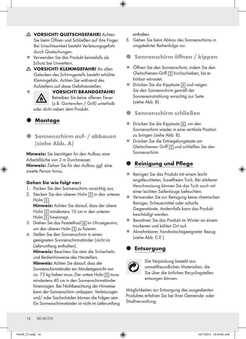Sonnenschirm öffnen / kippen, Sonnenschirm schließen, Reinigung und pflege | Entsorgung | Florabest Z31806A/ Z31806B/ Z31806C User Manual | Page 16 / 21