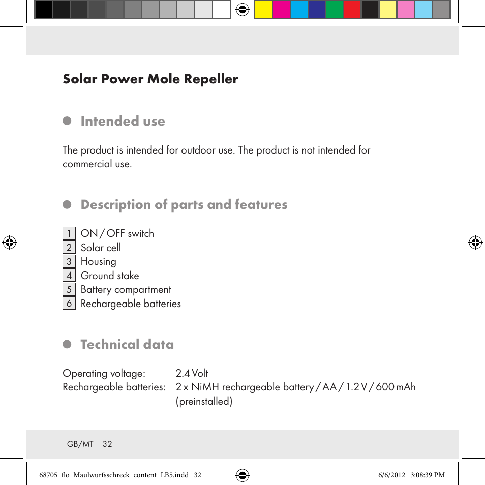 Solar power mole repeller intended use, Description of parts and features, Technical data | Florabest Z31049 User Manual | Page 32 / 47