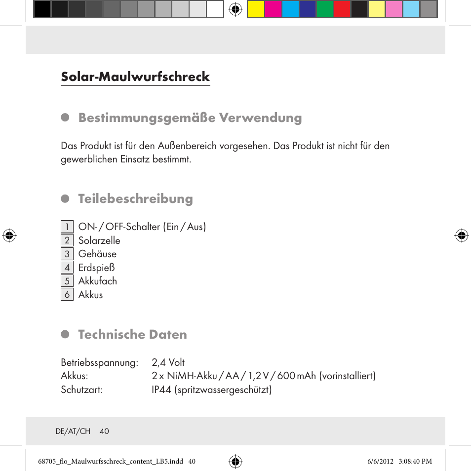 Solar-maulwurfschreck bestimmungsgemäße verwendung, Teilebeschreibung, Technische daten | Florabest Z31049 User Manual | Page 40 / 47