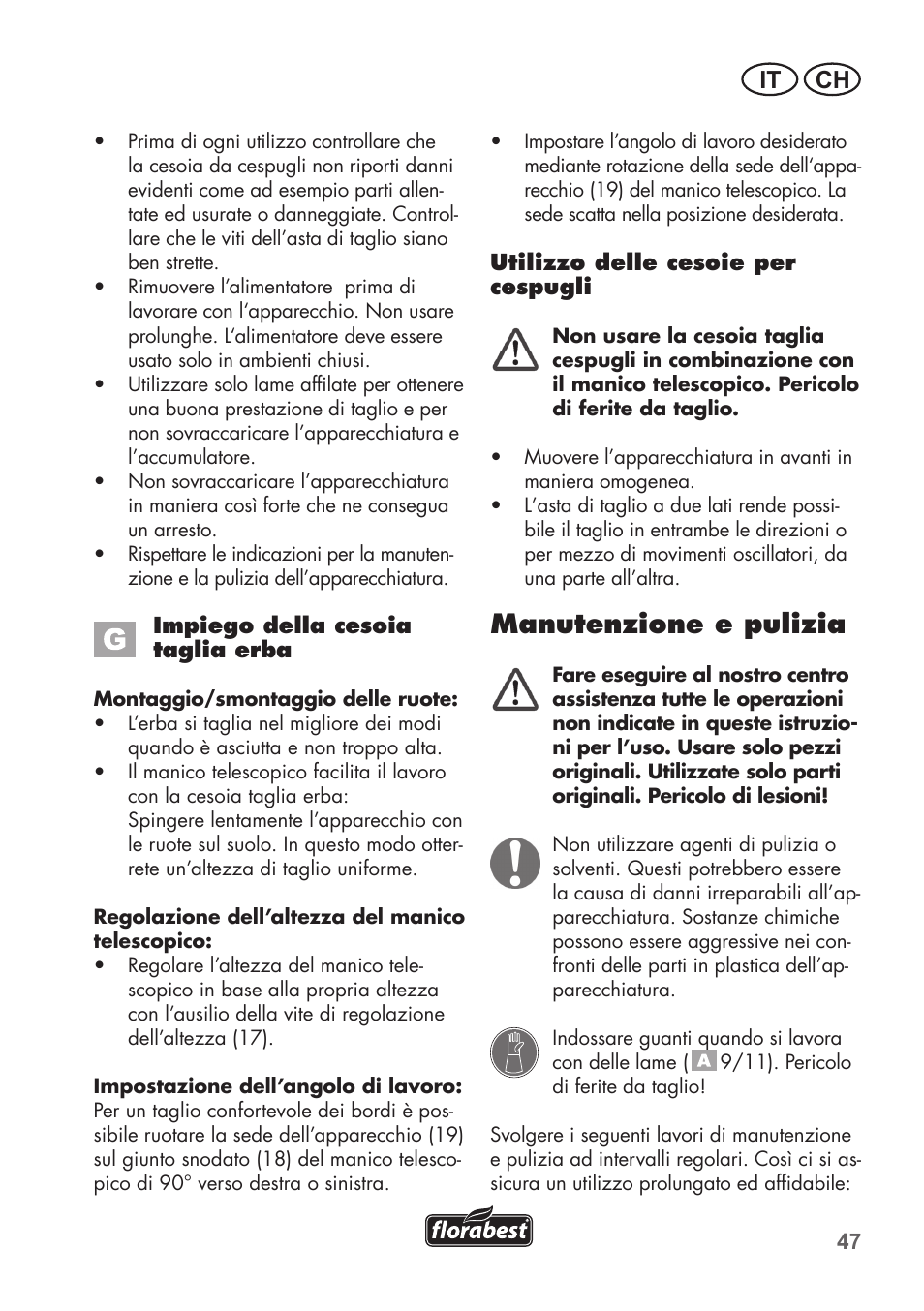 Manutenzione e pulizia, It ch | Florabest FGS 72 A1 User Manual | Page 47 / 72