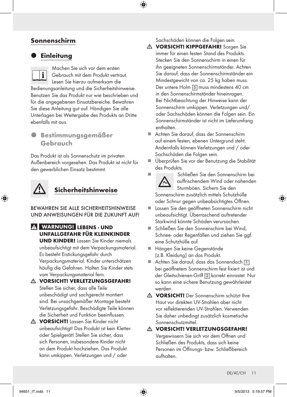 Sonnenschirm  einleitung, Bestimmungsgemäßer gebrauch, Sicherheitshinweise | Florabest Z31736 User Manual | Page 11 / 15