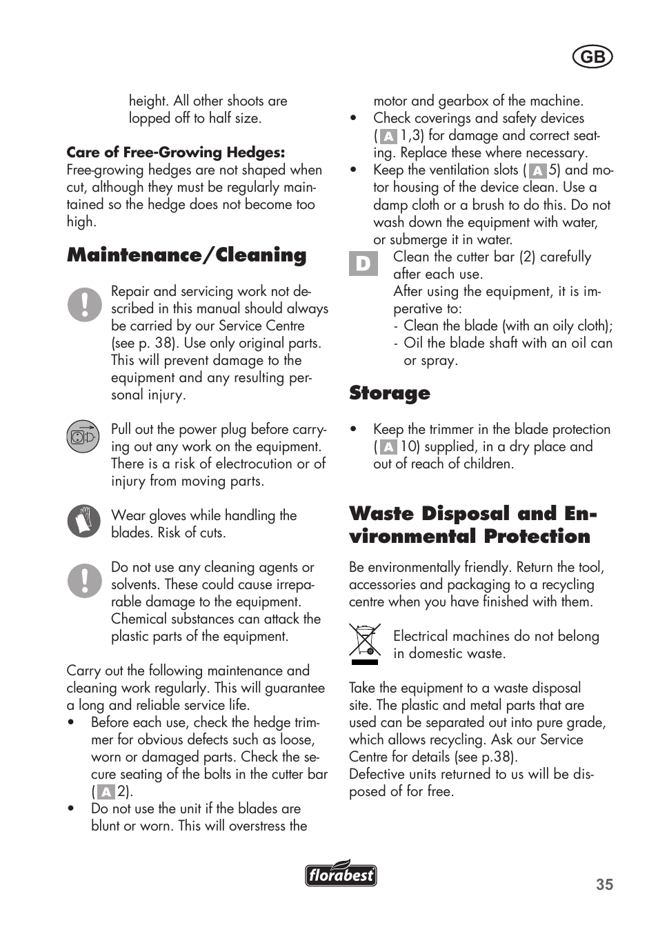 Maintenance/cleaning, Storage, Waste disposal and en- vironmental protection | Florabest FHT 600 B2 User Manual | Page 35 / 54