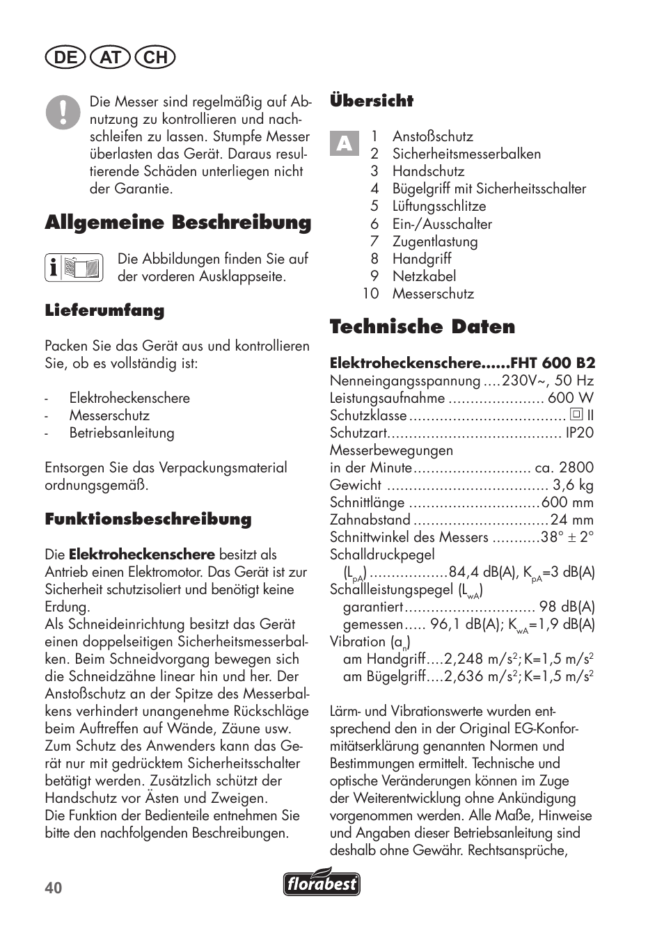 Allgemeine beschreibung, Technische daten, De at ch | Florabest FHT 600 B2 User Manual | Page 40 / 54