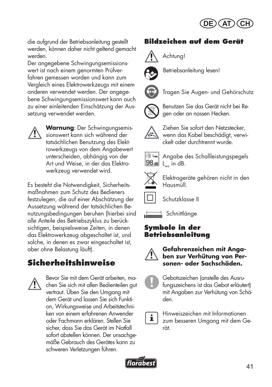 Sicherheitshinweise, De at ch | Florabest FHT 600 B2 User Manual | Page 41 / 54
