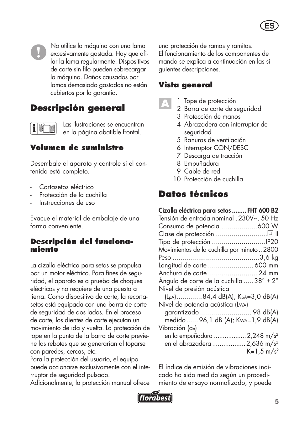 Descripción general, Datos técnicos | Florabest FHT 600 B2 User Manual | Page 5 / 54