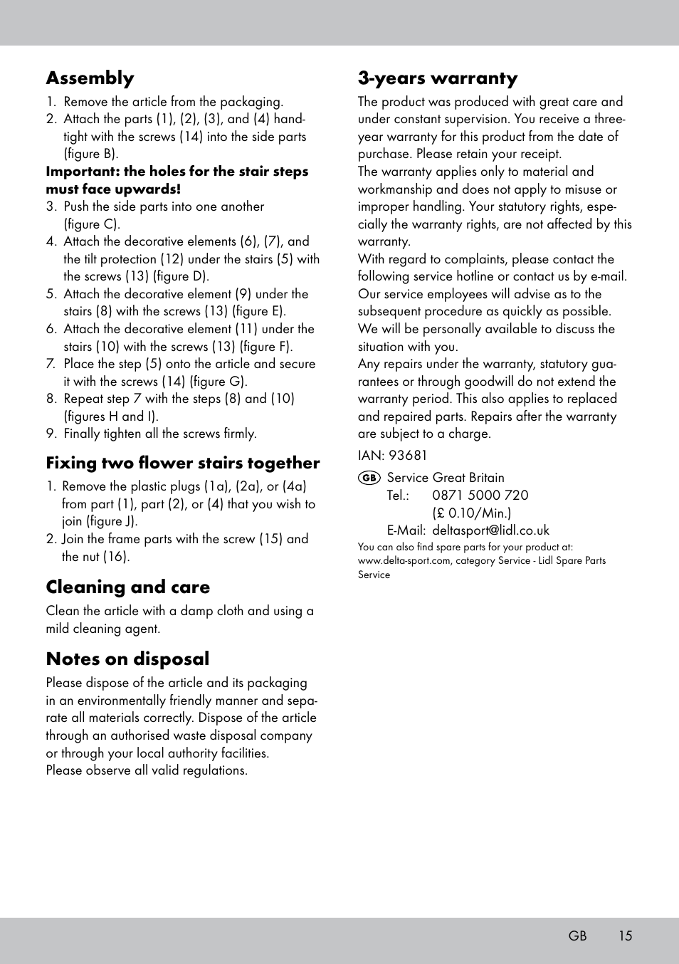 Assembly, Cleaning and care, Years warranty | Fixing two flower stairs together | Florabest BT-1816 User Manual | Page 13 / 14