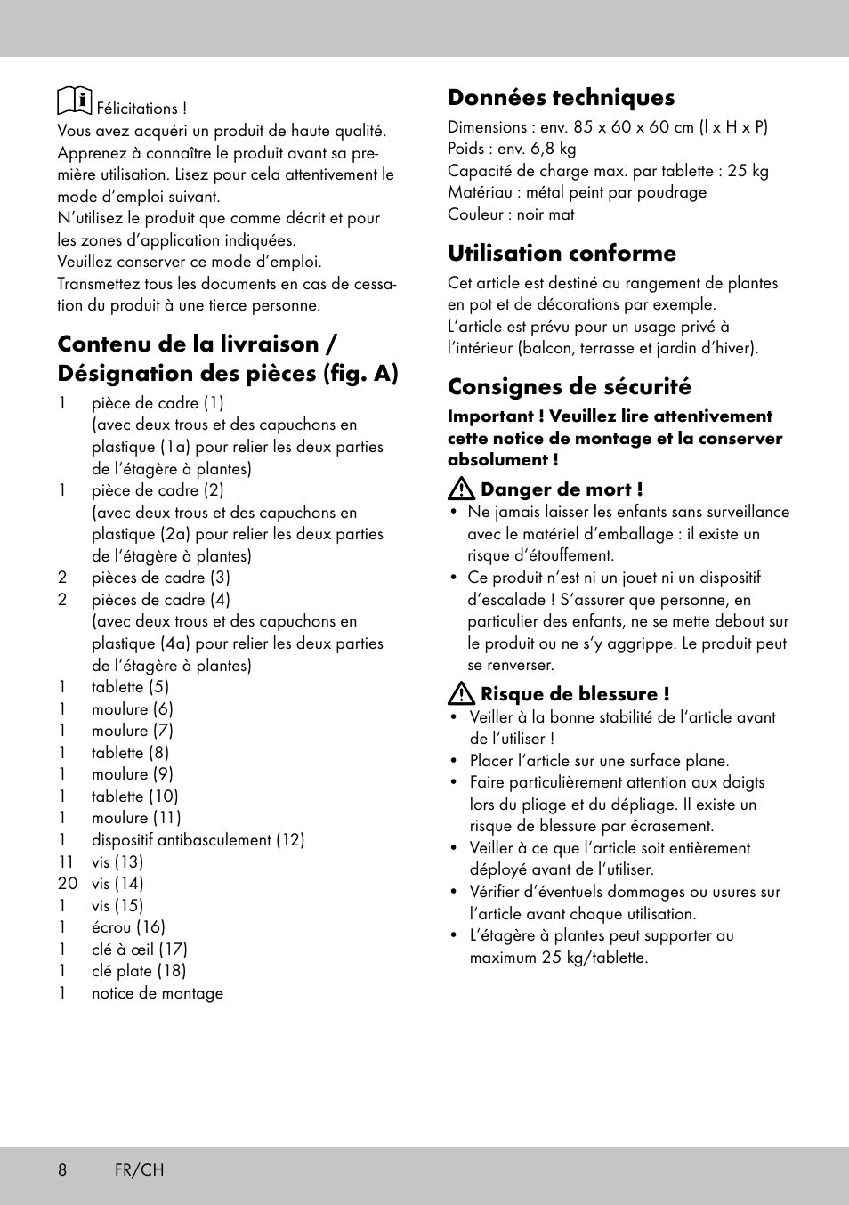 Données techniques, Utilisation conforme, Consignes de sécurité | Florabest BT-1816 User Manual | Page 6 / 14