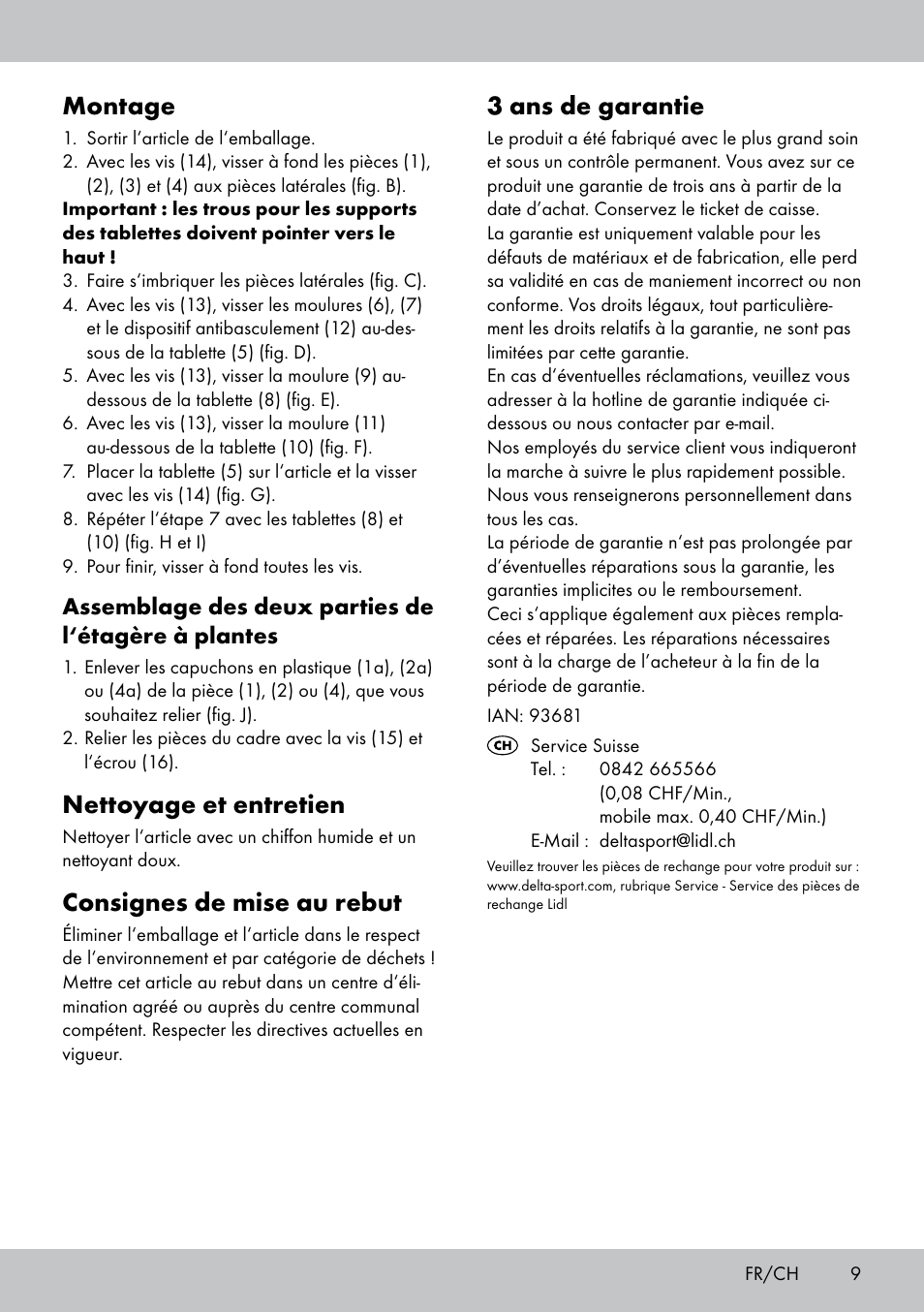 Montage, Nettoyage et entretien, Consignes de mise au rebut | 3 ans de garantie, Assemblage des deux parties de l‘étagère à plantes | Florabest BT-1816 User Manual | Page 7 / 14