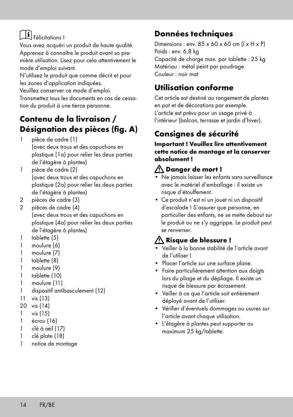 Données techniques, Utilisation conforme, Consignes de sécurité | Florabest BT-1816 User Manual | Page 12 / 18