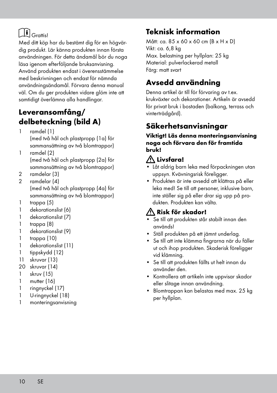 Leveransomfång/ delbeteckning (bild a), Teknisk information, Avsedd användning | Säkerhetsanvisningar | Florabest BT-1816 User Manual | Page 8 / 18