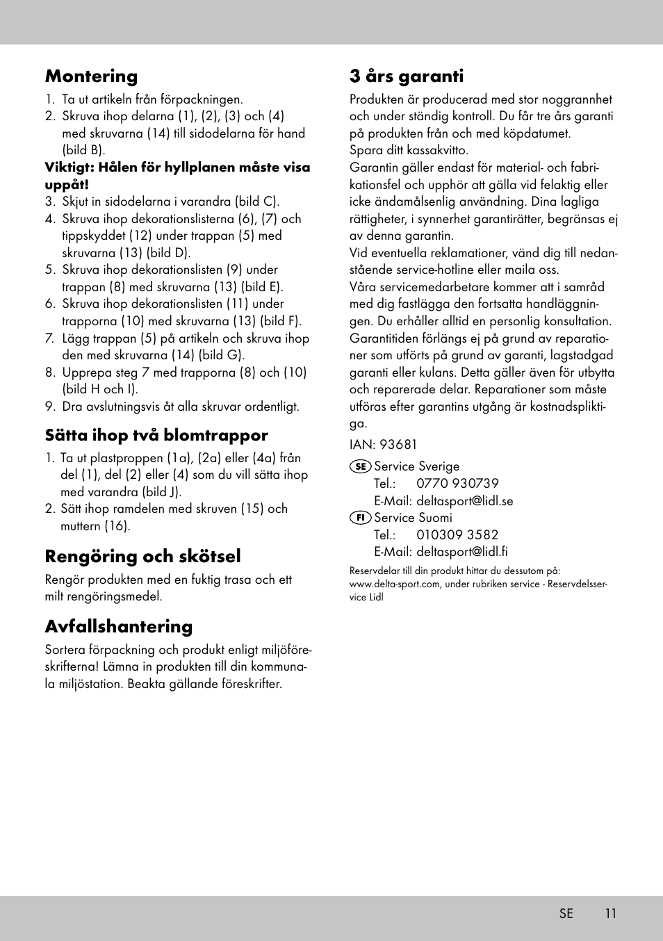 Montering, Rengöring och skötsel, Avfallshantering | 3 års garanti, Sätta ihop två blomtrappor | Florabest BT-1816 User Manual | Page 9 / 18