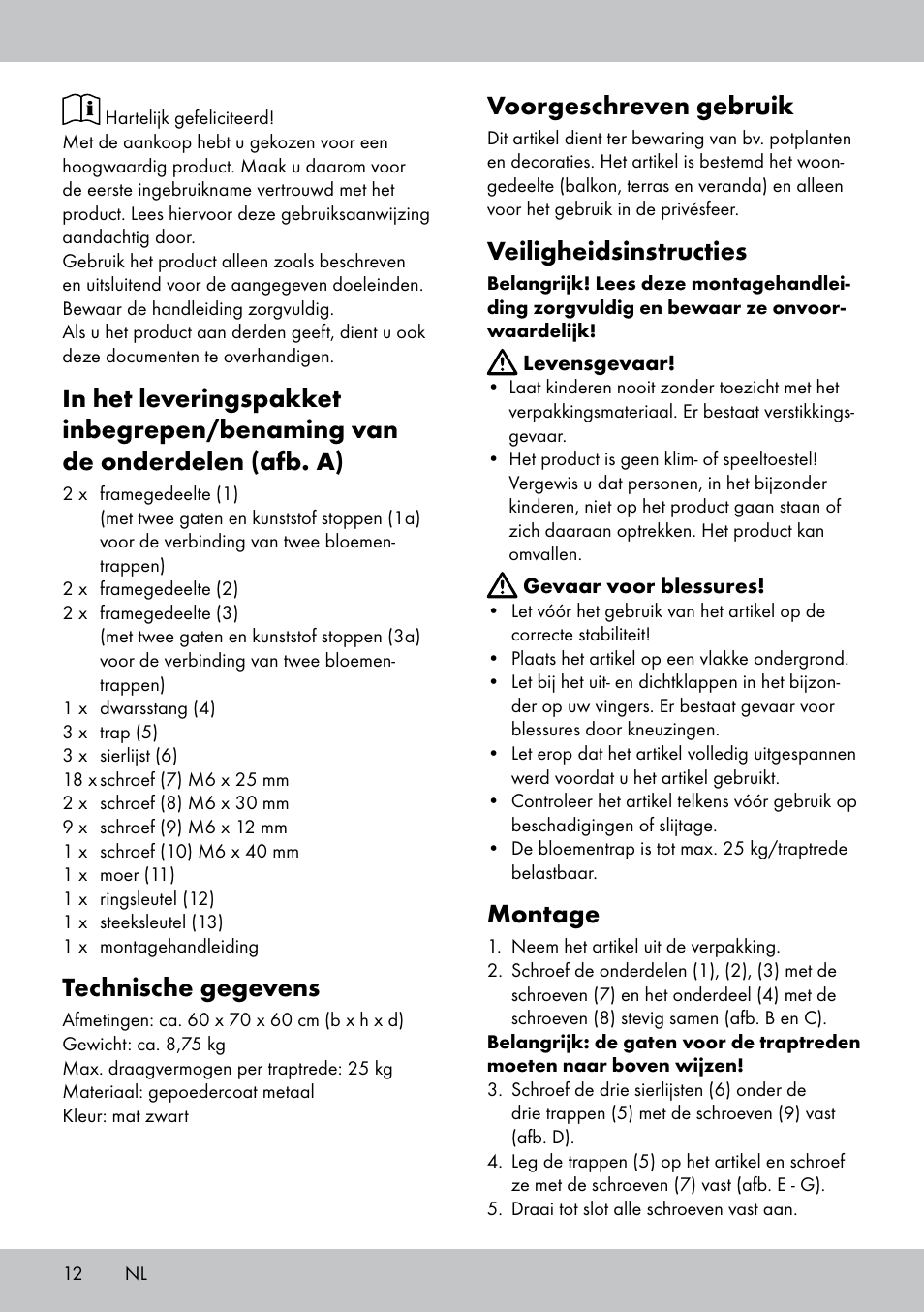Technische gegevens, Voorgeschreven gebruik, Veiligheidsinstructies | Montage | Florabest BT-1817 User Manual | Page 10 / 14