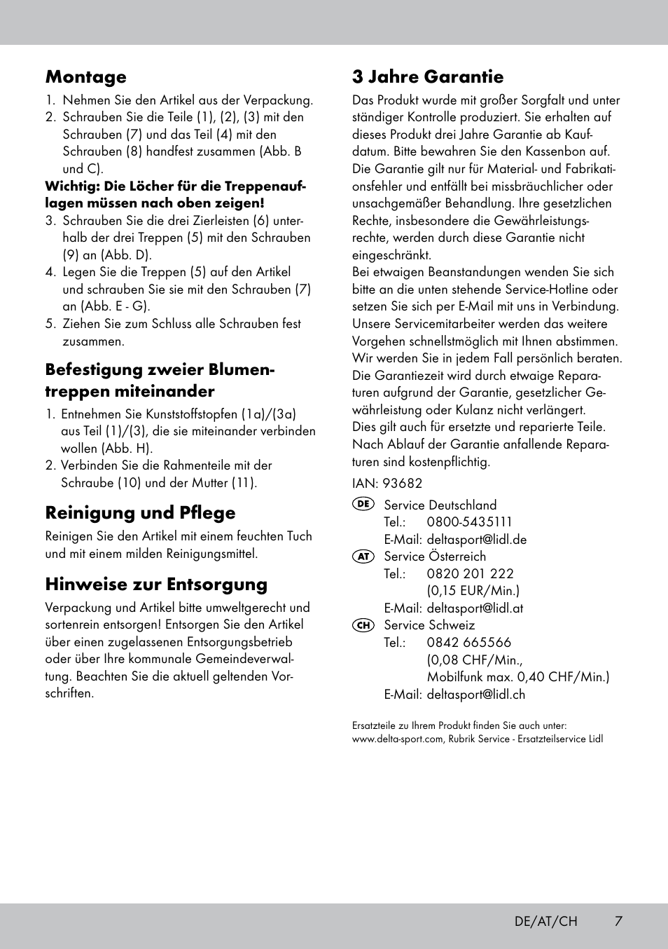 3 jahre garantie, Montage, Reinigung und pflege | Hinweise zur entsorgung, Befestigung zweier blumen- treppen miteinander | Florabest BT-1817 User Manual | Page 5 / 14